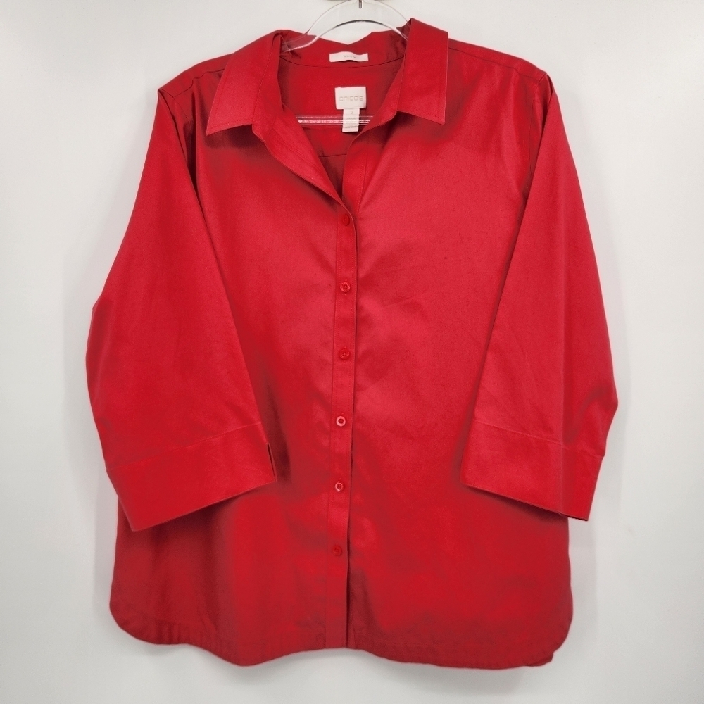 Chicos 3 Button Front Shirt Womens Size XL Pink 3/4 Sleeve No Iron